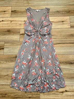 Boden Twist Front Knotted Midi Dress SZ 12 Long Floral Gray Sleeveless Summer